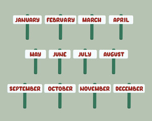 A set of hand-drawn vector cartoon signs with the months of the year. Isolated elements for children&rsquo;s design