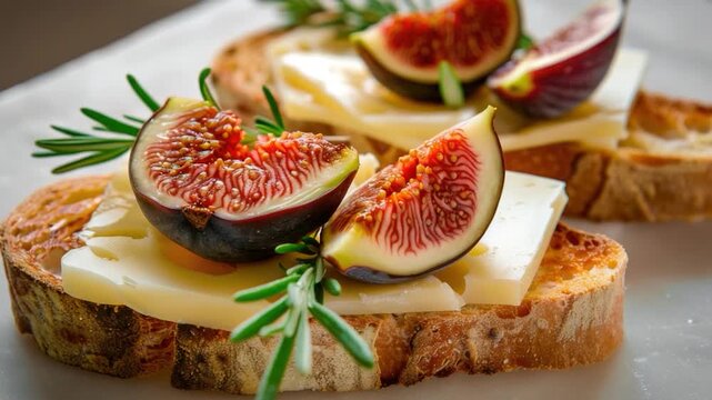 Video Freshly sliced bread topped with sweet figs and melted cheese, perfect for a snack or light meal