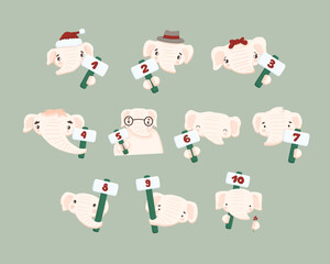 Set of cartoon hand drawn white or light pink elephants that have numbers from 1 to 10. Vector isolated child illustrations on green background. Elephants holding a sign with a number