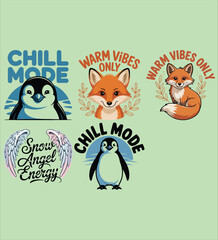 Naklejka premium Charming Penguin and Fox Illustrations with Calming Phrases
