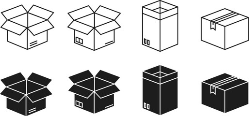 Cardboard box outline and silhouette icon set showing open and closed packaging boxes, shipping, storage and delivery container illustrations for logistics design use
