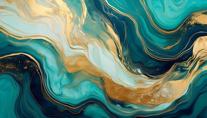 abstract teal and gold fluid art painting with flowing marble like patterns