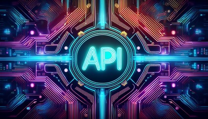 futuristic interface with the word api surrounded by glowing digital circuits in neon colors