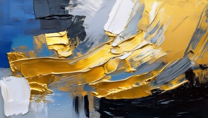 Closeup Of Abstract Rough Golden Black Grey Blue White Art Painting With Oil Brushstroke Pallet Knife Painting As Texture And Banner