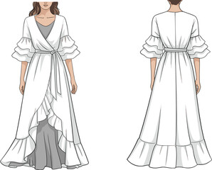 Women's wrap ruffle dress fashion illustration, front and back view flat vector, long sleeve belted gown design for apparel and textile production