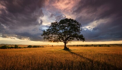 Serene Landscape Featuring A Majestic Solitary Tree Under A Dramatic Sky With Vibrant Clouds
