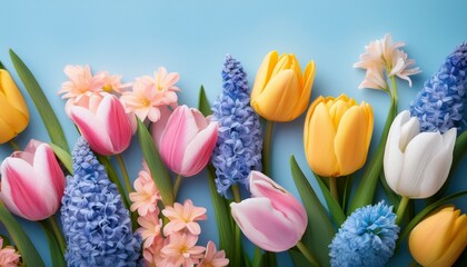 Elegant Spring Floral Illustration Featuring Vibrant Tulips And Hyacinths On A Soft Blue Background