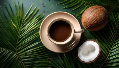 A Coffee Cup And Coconut Amongst Decorative Greenery
