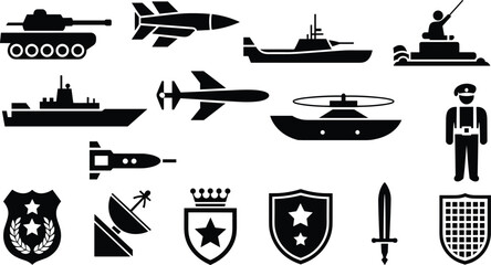 Military icon set vector illustration, defense and warfare symbols, black silhouette weapons and vehicles, tactical equipment design, law enforcement and armed forces graphic © Hasem Creative