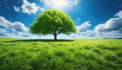 Lush Green Foliage Of A Tree Against A Bright Blue Sky With Fluffy White Clouds Creating A Vibrant And Serene Natural Atmosphere In A Sunny Environment