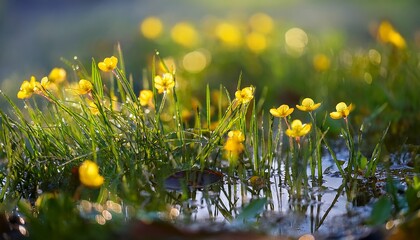 Tiny Yellow Flowers In Wet Grass