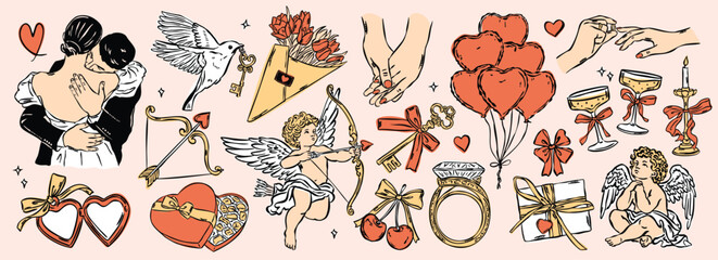 Whimsical wedding and love doodle collection. Art for greeting card, logo design, brand identity, packaging design.