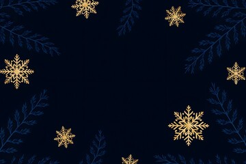 Elegant dark blue background with golden snowflakes and pine branches for winter holiday season