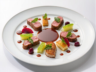 An extreme close-up macro shot focused solely on a perfectly arranged Michelin-starred gourmet meal. 