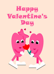 Groovy Valentine's Day card with a loving heart giving his beloved a red flower