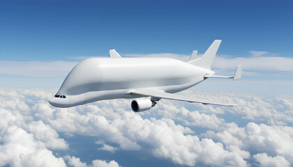 White Airplane Airbus Beluga A300-600ST Super Transporter Cargo Airplane Flying Above White Clouds and Blue Sky Side View Angle