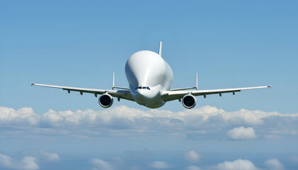 White Airplane Airbus Beluga A300-600ST Super Transporter Cargo Airplane Flying Above White Clouds and Blue Sky Front View Angle