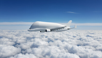 White Airplane Airbus Beluga A300-600ST Super Transporter Cargo Airplane Flying Above White Clouds and Blue Sky Side View Angle
