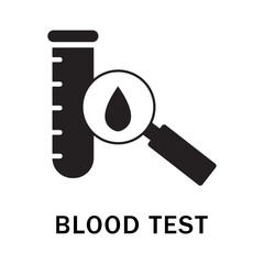 Blood test vector icon. Laboratory equipment shows a magnifying glass focusing on a droplet next to a test tube indicating scientific research activities