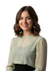 Young woman with short brown hair smiling isolated on transparent background