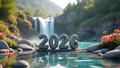2026 Numbers Floating in Water with Waterfall Background
