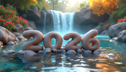 2026 numbers floating on water with waterfall background