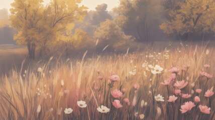 A serene landscape with tall grass and pink flowers in a golden autumn forest