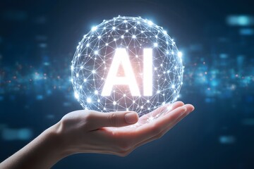 Hand holding a digital globe displaying the letters a and i in a technology concept