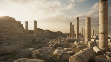 Ancient stone ruins with tall columns under a cloudy sky at sunset