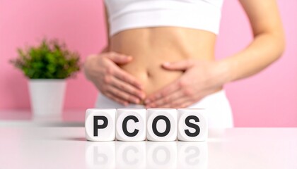 Ovarian Health Concept &mdash; Woman Holding Lower Abdomen with White Letter Cubes Spelling &ldquo;PCOS&rdquo;