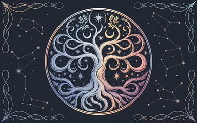 Mystical Tree of Life with Constellations and Ornate Borders isolated on a transparent background