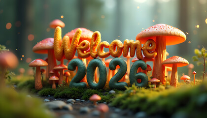 Welcome 2026 amidst a whimsical mushroom forest new year