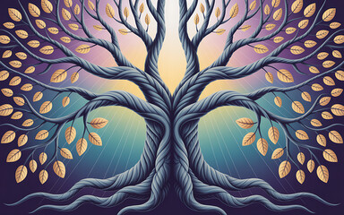 Mystical Tree of Life with Golden Leaves isolated on a transparent background