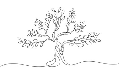 Single line of a stylized tree with leaves isolated on a transparent background