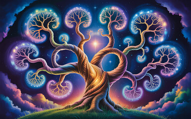Psychedelic Tree of Life with Cosmic Background isolated on a transparent background