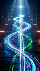 A vibrant, abstract digital landscape with colorful light trails creating a mesmerizing pathway.