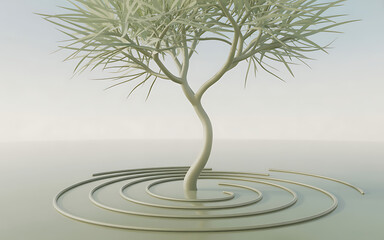 Minimalist White Tree with Spiral Base isolated on a transparent background