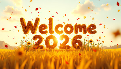 Welcome 2026 text in a sunny field with falling leaves