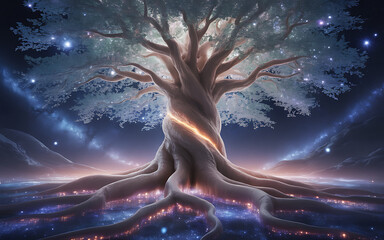 Mystical glowing tree with cosmic background isolated on a transparent background 1