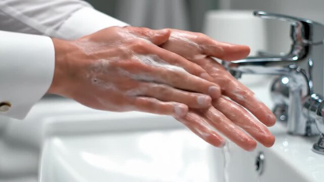 Person washing hands under running water at a bathroom sink.