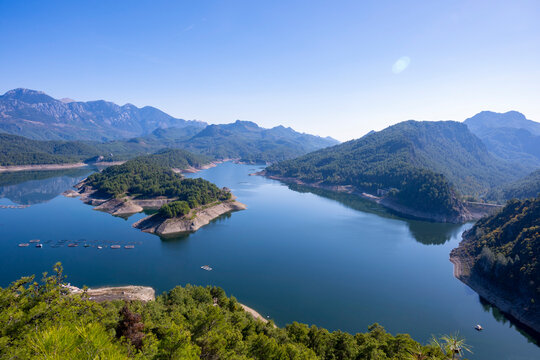 Scenic view of Karacaoren dam , barrage ( Karacaoren Baraj Golu ) from Karadag with Beautiful mountainous scenery with lots of nature, Burdur,Aerial panoramic view of the Karacaoren Dam Lake on the An