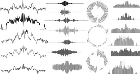 Collection of various sound waveforms and audio signal patterns