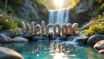 Welcome text by a waterfall with flowers nature