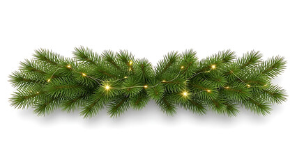 festive christmas garland with green fir branches and glowing golden fairy lights isolated on white for winter holiday design borders.