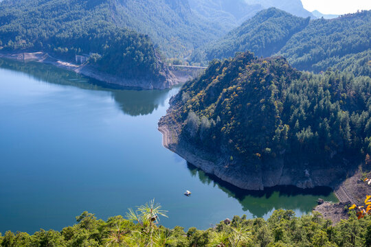 Scenic view of Karacaoren dam , barrage ( Karacaoren Baraj Golu ) from Karadag with Beautiful mountainous scenery with lots of nature, Burdur,Aerial panoramic view of the Karacaoren Dam Lake on the An