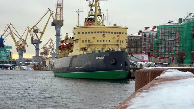 ST. PETERSBURG, RUSSIA - November 15, 2025: View of the old icebreaker Krasin on a frosty November day. Currently, the icebreaker, which was used in the polar regions, is a museum located on the Neva