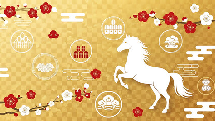 festive japanese new year graphic with a rearing white horse plum blossoms and traditional symbols on a gold background.