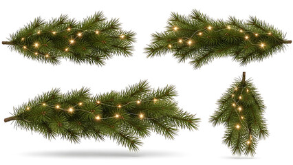 festive christmas tree branches with sparkling string lights forming decorative garlands and a sprig isolated on white background for holiday design.