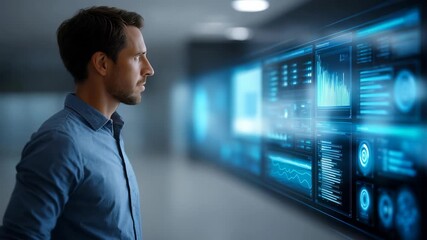 A focused businessman analyzes futuristic digital data dashboards on a transparent screen in a modern office environment. Advanced technology and innovation drive business intelligence insights - Powered by Adobe