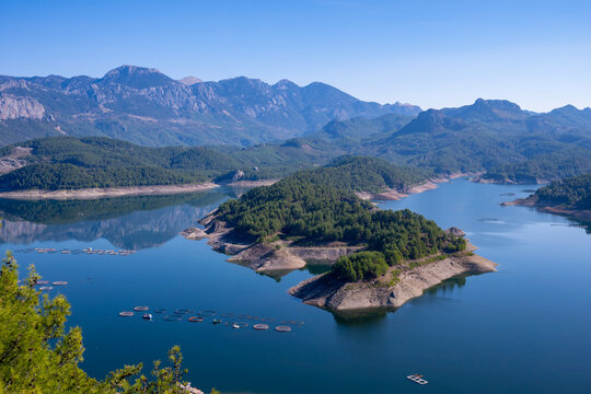 Scenic view of Karacaoren dam , barrage ( Karacaoren Baraj Golu ) from Karadag with Beautiful mountainous scenery with lots of nature, Burdur,Aerial panoramic view of the Karacaoren Dam Lake on the An